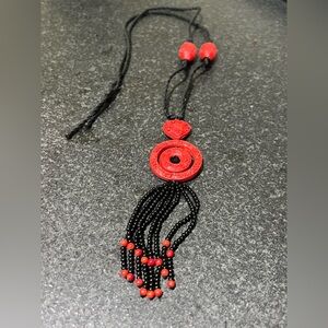 Chinese Red Cinnabar Hand-Carved
Lucky Beaded Long Necklace w/ Pendant